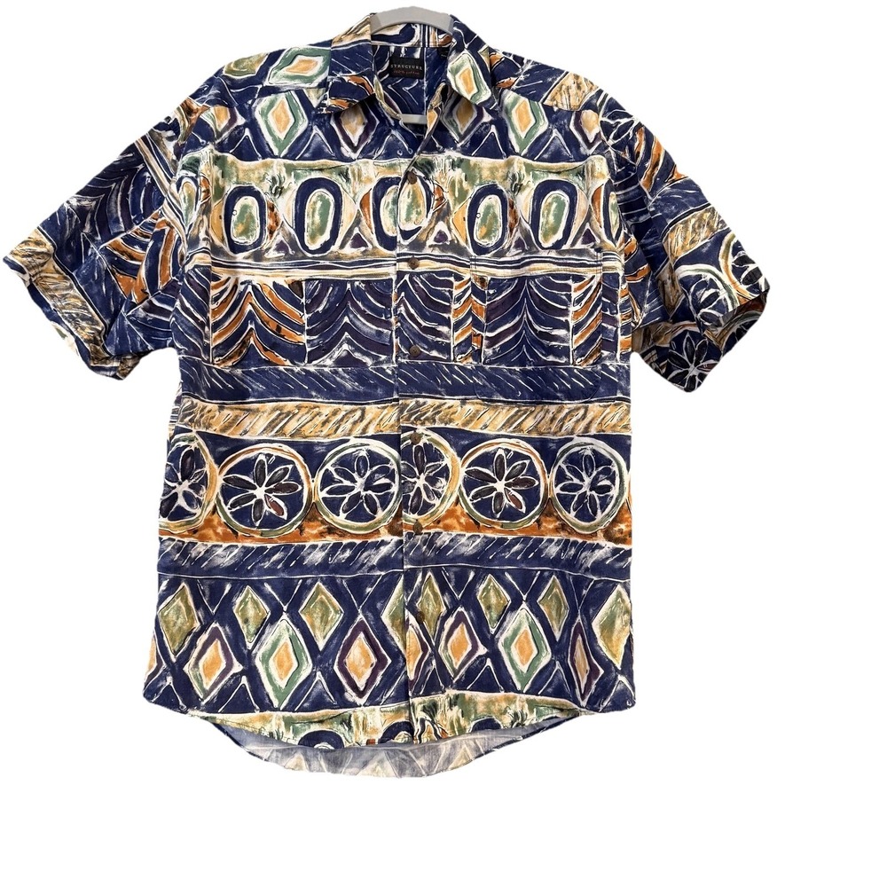 VTG Structure Shirt Mens Small Blue Geometric Hawaiian Cotton 90s Button Up